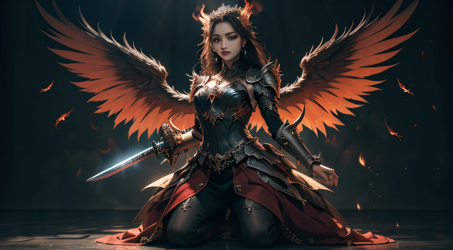 (extremely detailed CG unity 8k wallpaper,masterpiece, best quality, ultra-detailed, beautiful detailed eyes:1.2),best illumination, (best shadow, an extremely delicate and beautiful, bloom),
1gril,solo,red eyes,Heavy armor,long hair,holding sword,Angel wings,black wings,red jewelry,(big wings:1.4),Film filter,Satan, Hellfire,full body,demon,flame,