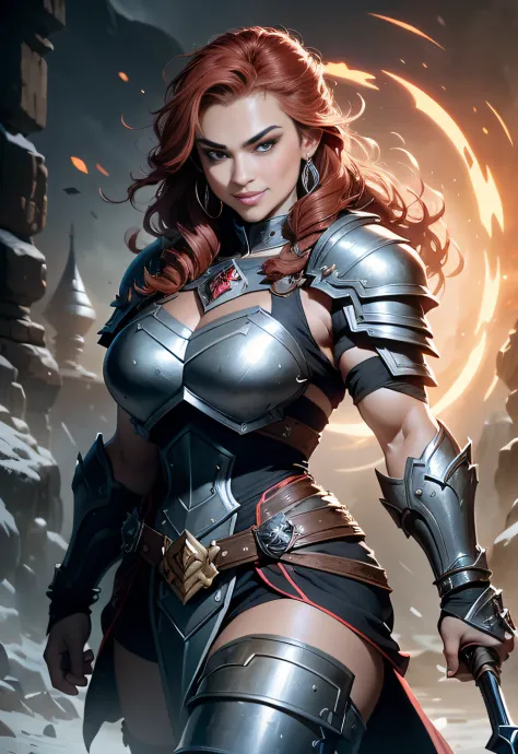 detailed dnd female dwarven fighter, muscular arms, full body, fully armored, full plate armor, waraxe, (smirk:1.3), (nose blush...