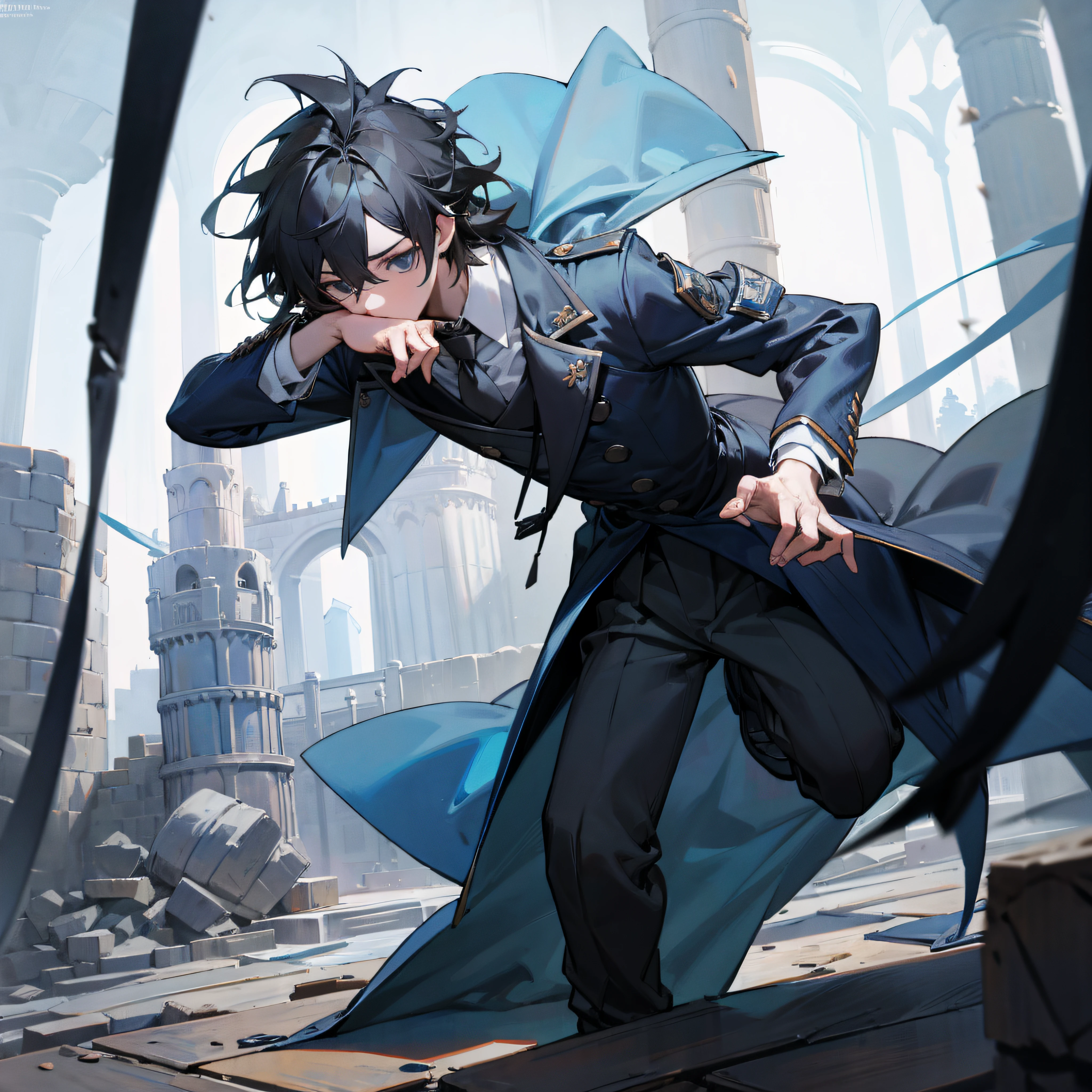 A bizarre stone tower. A boy, Black hair, Messy hair, Blue coat. surprise，inside in room