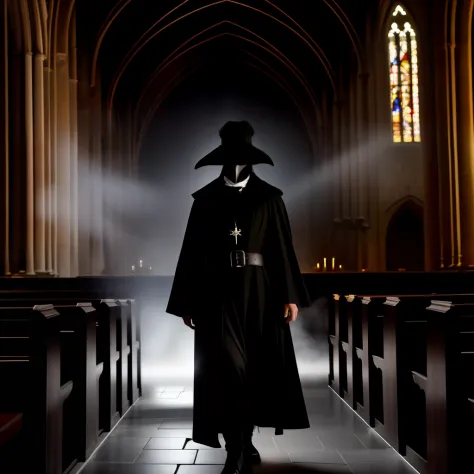 a  plague doctor in an medieval cathedral,   occult, dark theme, volumetric light, natural light, eyes hidden, dark lighting, gl...