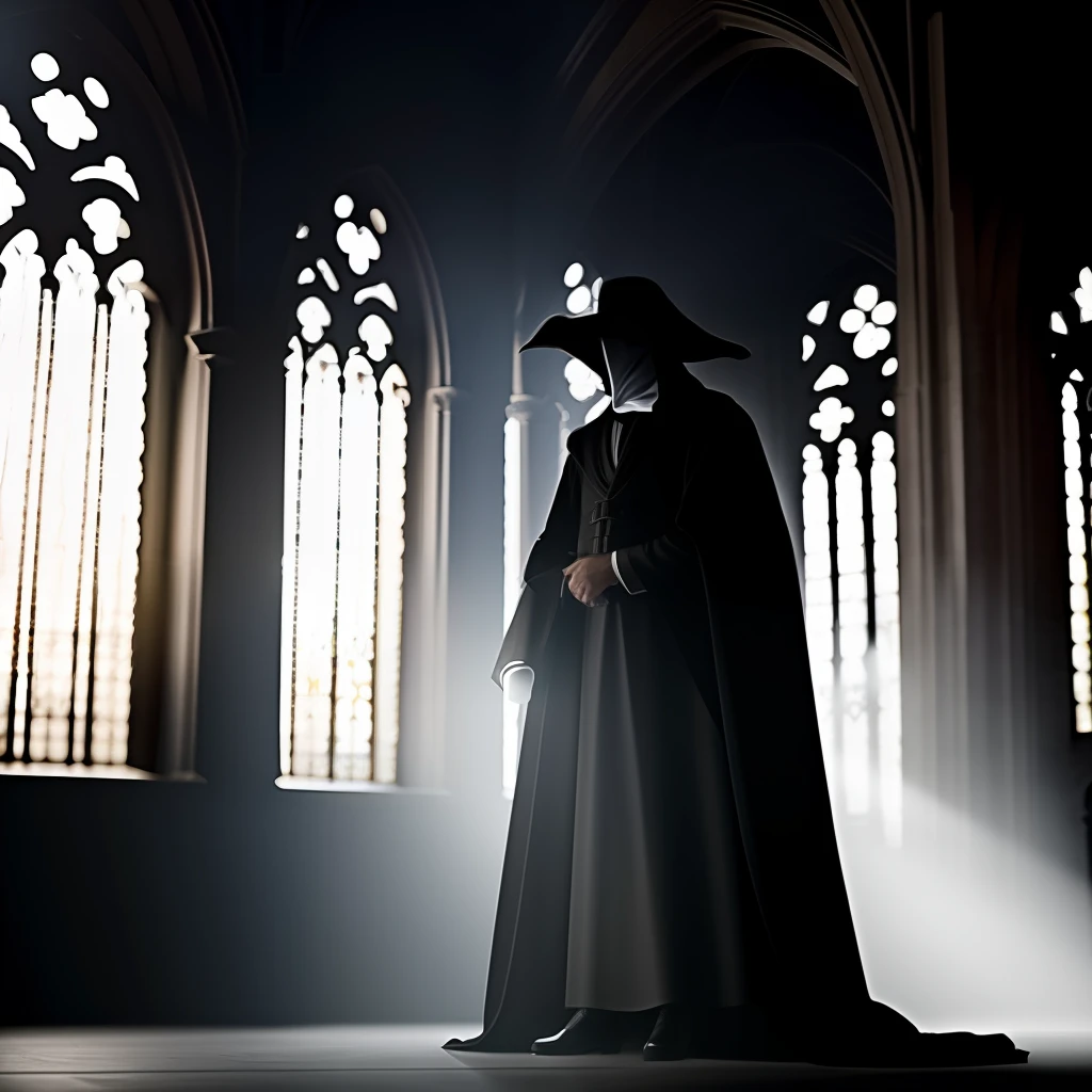 A  plague doctor in an medieval cathedral,   occult, dark theme, volumetric light, natural light, eyes hidden, dark lighting, gloomy