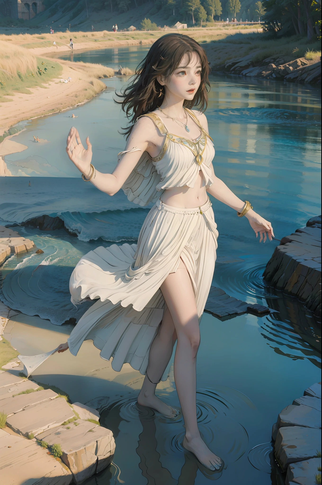 A very beautiful young woman stands in the water of a river and shouts with joy with her hands raised....... (Good Composition) (obra de arte) (Arte expresivo). (((Pechos masivos gigantes)))