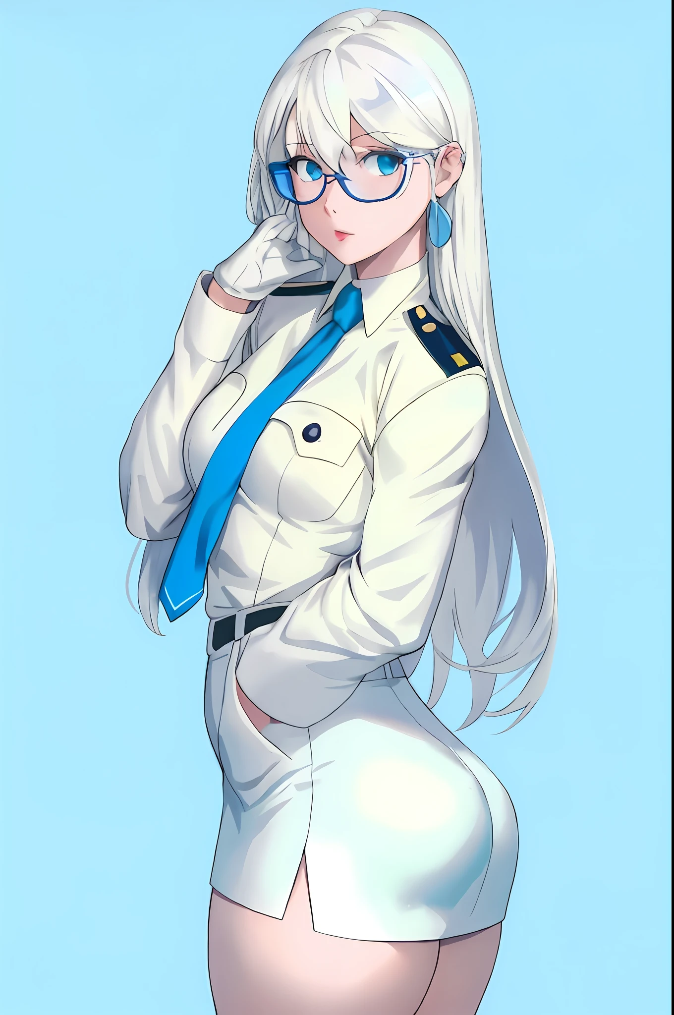 Anime girls pose for photos in uniforms and glasses, White uniform, female anime character, JK school uniform, girl in uniform, anya from spy x family, White glasses, Perfect white haired girl, white haired Cangcang, seductive anime girls, white haired lady, Kushatt Krenz Key Art Women, White-haired, dominant wihte and blue colours, from girls frontline