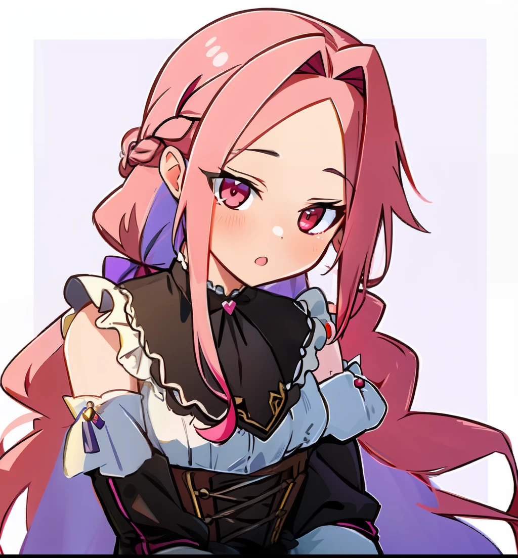 masterpiece, (best quality:1.3), sharp focus, absurdres, ++, 1girl, solo, fantasy, light purple hair, very long hair, curly hair, french braid, single sidelock, forehead, red eyes, pink eyes, multicolored eyes, small chest, flat chest, loli, victorian dress, black dress, black corset, neckwear, off-shoulder dress, frills, dollgirl, doll joints, ++, standing, crossed arms, tsundere, walking, looking at viewer, dungeon background, cold, neutral