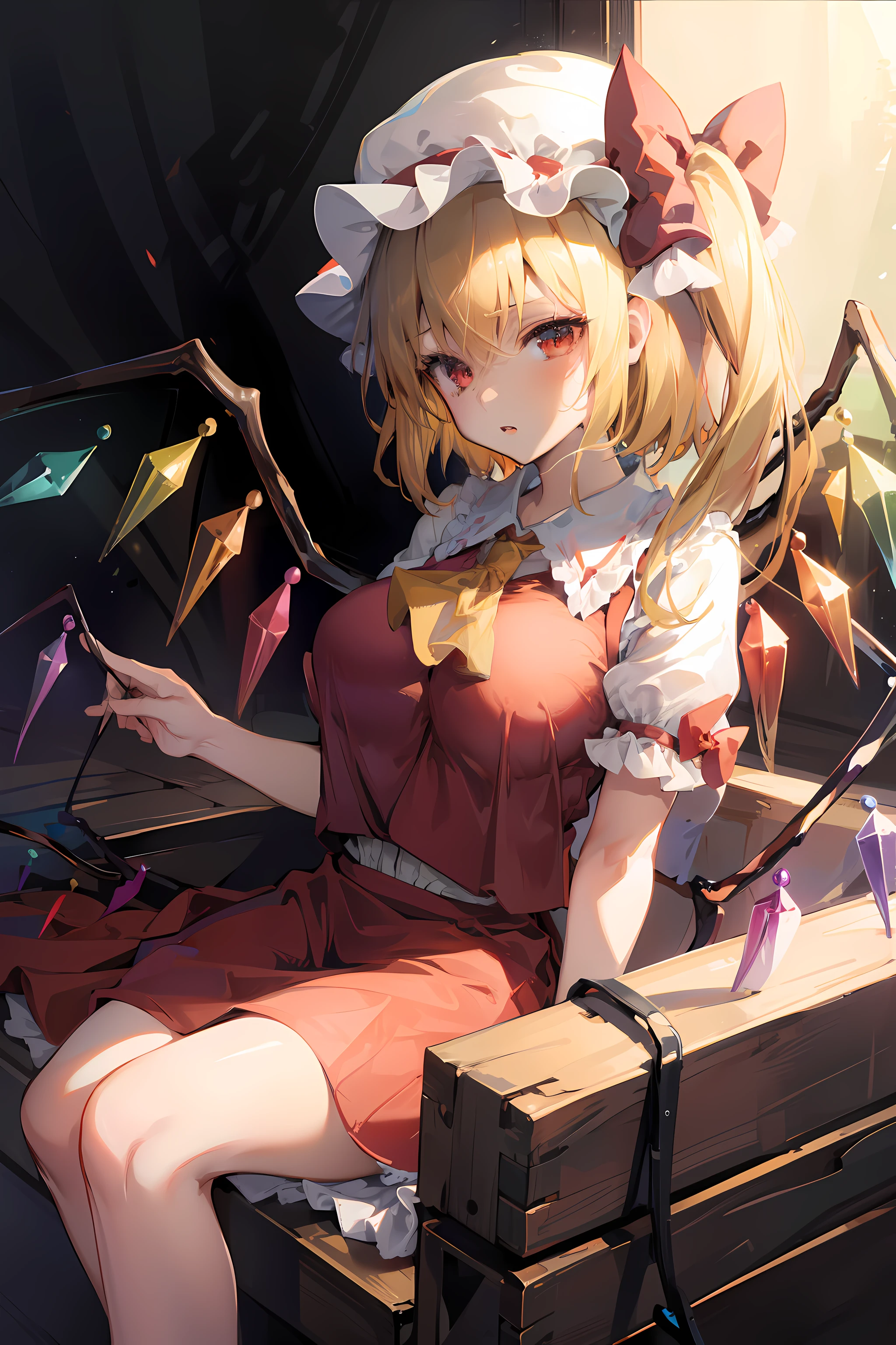 (masterpiece),best quality, expressive eyes, perfect face, 1girl,
big breast, H-cup, good breast, beautiful, gorgeous,anime,girl,lora, floating clothes, tent chest ,
 nipple visible  though clothes,flandre scarlet,
1girl,blonde hair,mob cap,hair bow,bowtie,side ponytail,wings,short sleeves,vest,ascot,1wings,1 pair of wings,crossing arms, cross arms