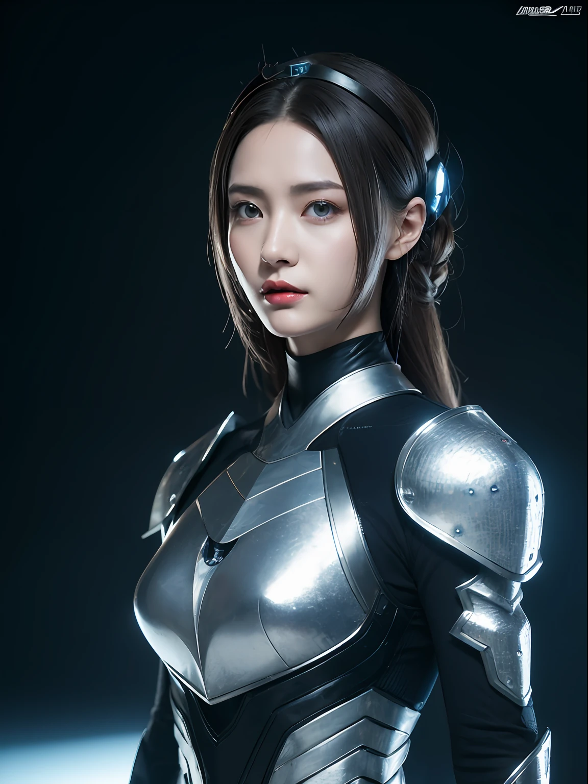 Surrounded by glowing butterflies，Masterpiece, Best quality, high resolution, 8K, Portrait, Realistic photo,（ Combine clothing with Korean fashion design），Digital photography, full bodyesbian, 1 16-year-old girl, (Cyborg), Beautiful blue-gray gradient long hair, Blue eyes, iintricate, Highly detailed, head gear，The crown of evil, Black dress, ,Silver metal exoskeleton armor, Intricate knightly hollow armor,power armour, Openwork design, mechanical structure, Photo pose, Solemn,, Red lips, From the movie《Final Fantasy XV》.Metallic texture, oc rendered，Reflective texture, ((Clothing cutting)), background inside dark，