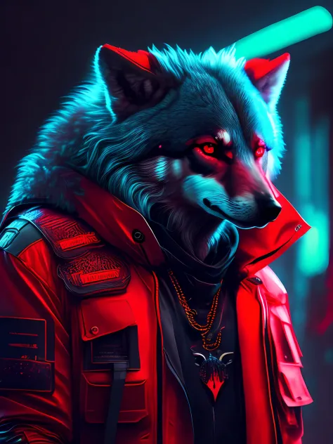 Retrato sombrio de um lobo com roupa escura de capuz, interior da roupa escura estilo hacker, olhos vermelhos iguais um tochas pegando fogo, fundo escuro, Cyberpunk, Foto premiada, Bokeh, neon lights,
