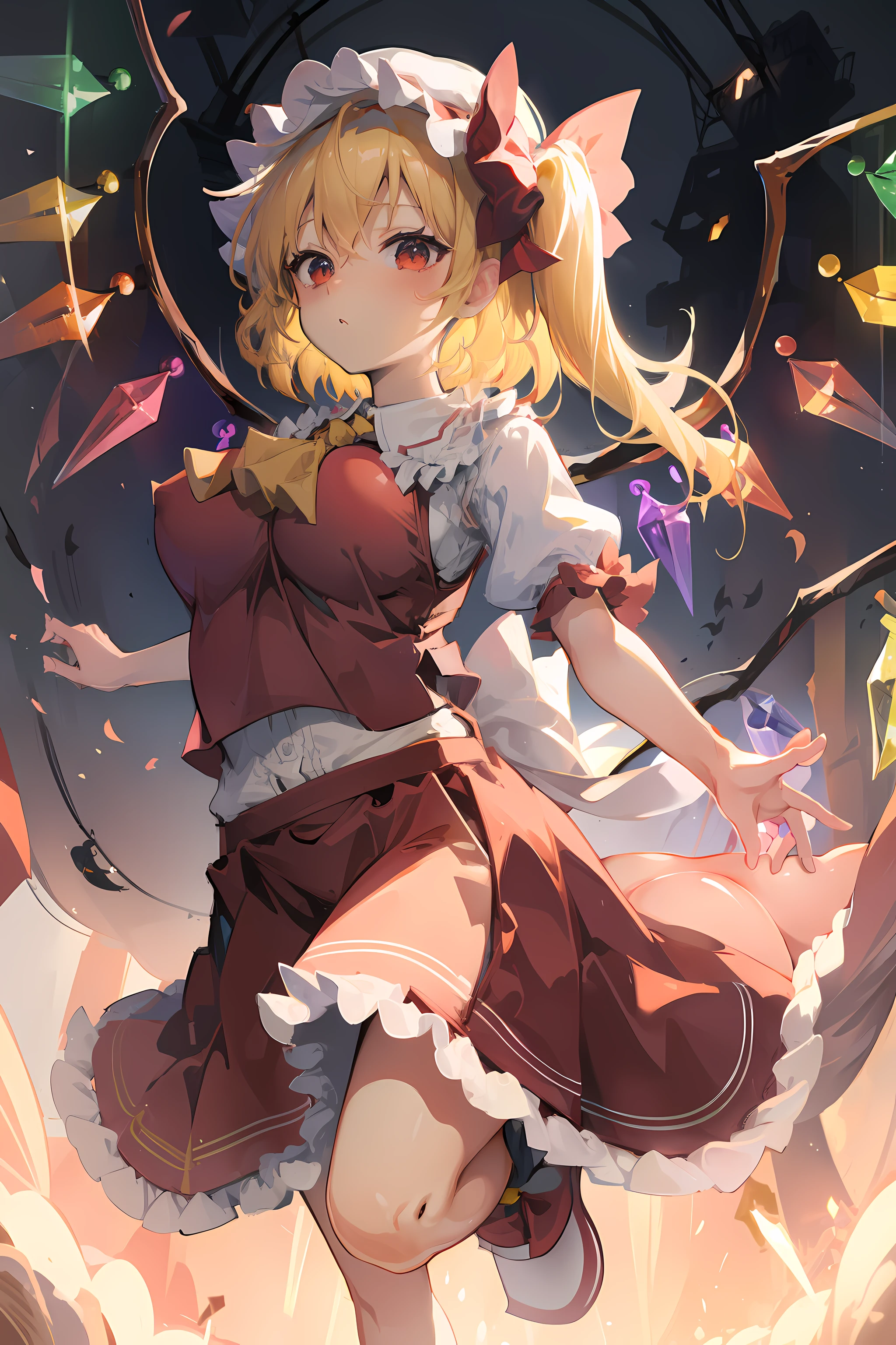 (masterpiece),best quality, expressive eyes, perfect face, 1girl,
big breast, H-cup, good breast, beautiful, gorgeous,anime,girl,lora, floating clothes, tent chest ,
 nipple visible  though clothes,flandre scarlet,
1girl,blonde hair,mob cap,hair bow,bowtie,side ponytail,wings,short sleeves,vest,ascot,1wings,1 pair of wings,crossing arms, cross arms, arms below breast