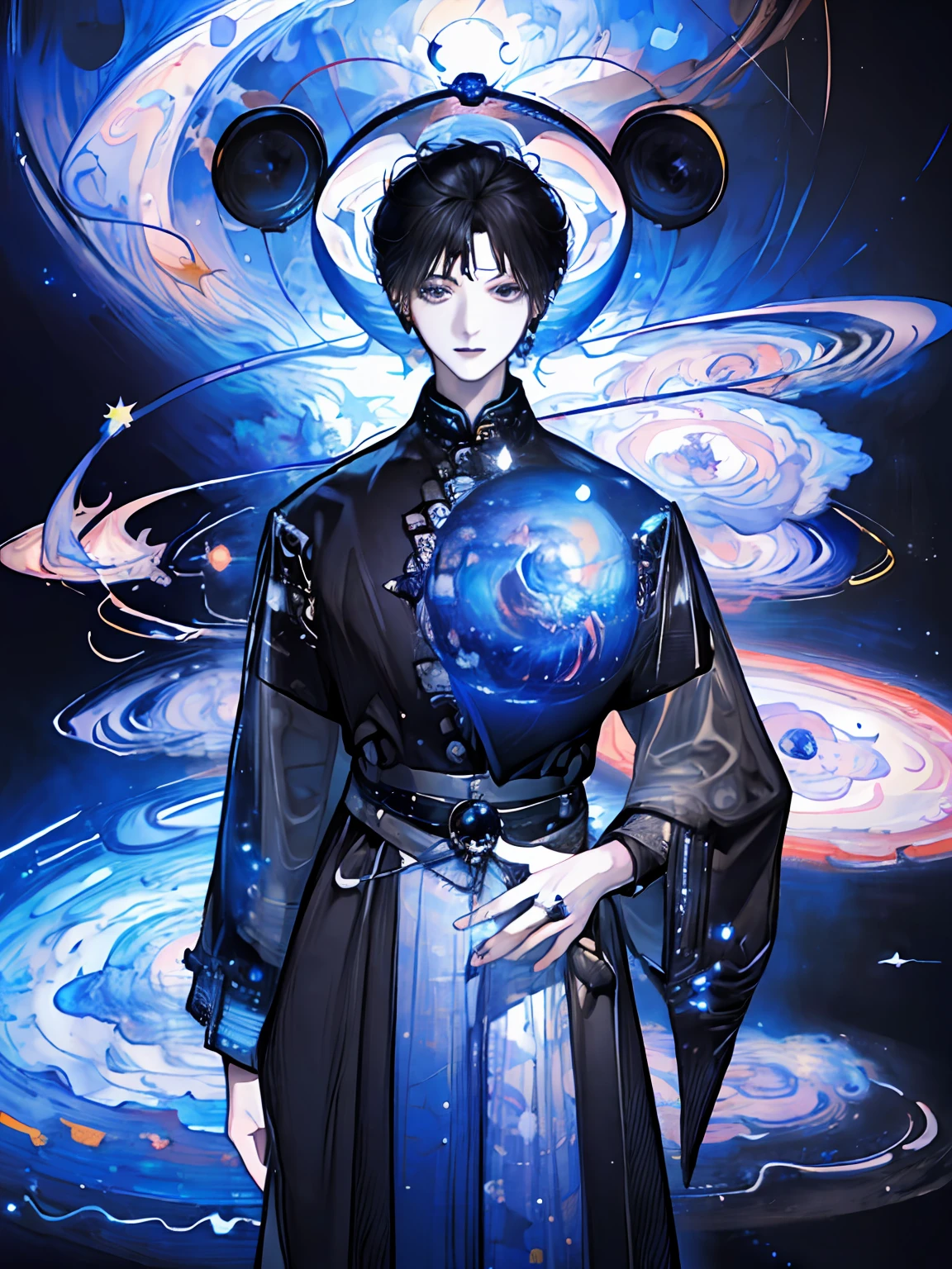 (highres:1.5), highly detailed, (solo:1.5),(masterpiece:1.5),(best quality:1.5), Amazing, extremely detailed wallpaper, an extremely delicate and beautiful, 1 boy, handsome, ((high resolution illustration)), Chinese, sacred, {master}, (short hair, floating hair), (black hair, dark hair), (game cg), (((Clear face))),((Clear eyes)), visible through hair,((black eyes, round eyes)), bangs, (watercolor:0.7), (bright stars, the universe, cosmos, star surround character, outer space, Saturn ring:1.5), tyndall effect, a slight light, raytracing,