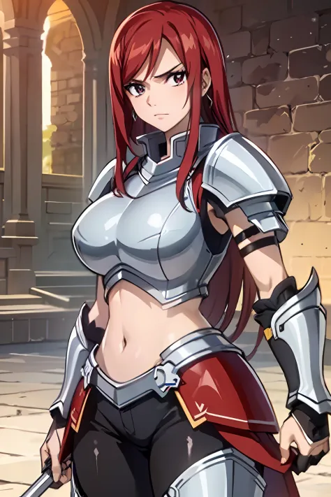 (masterpiece, top quality, best quality), 4k, perfect-lighting, symmetrical face, solo, Erza Scarlet, devastating look, red hair, breasts, knight armor, cowboy shot