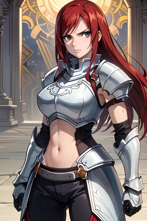 (masterpiece, top quality, best quality), 4k, perfect-lighting, symmetrical face, solo, Erza Scarlet, devastating look, red hair, breasts, knight armor, cowboy shot