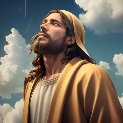 Award-winning realistic photo of Jesus Christ (looking up at the sky:1.3), expression conveying a sense of satisfaction and vict...