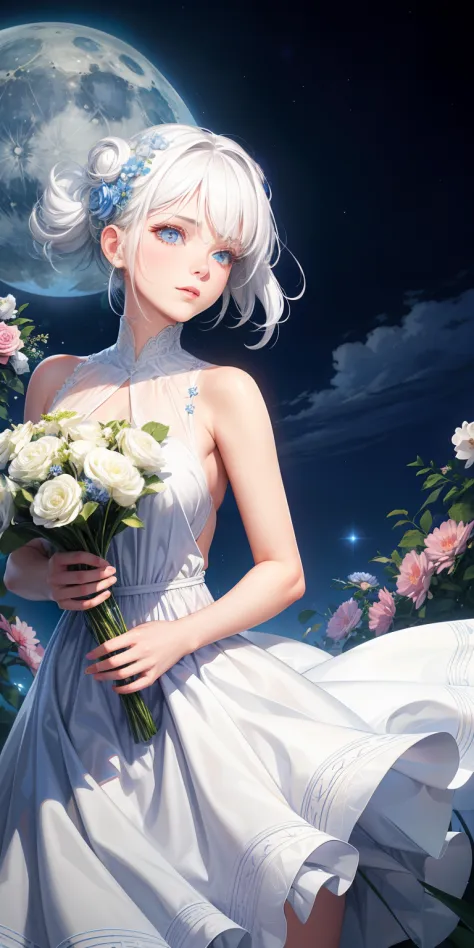 realistic, 1girl, white hair, blue eyes, ,dresses, night, flowers, blue moon