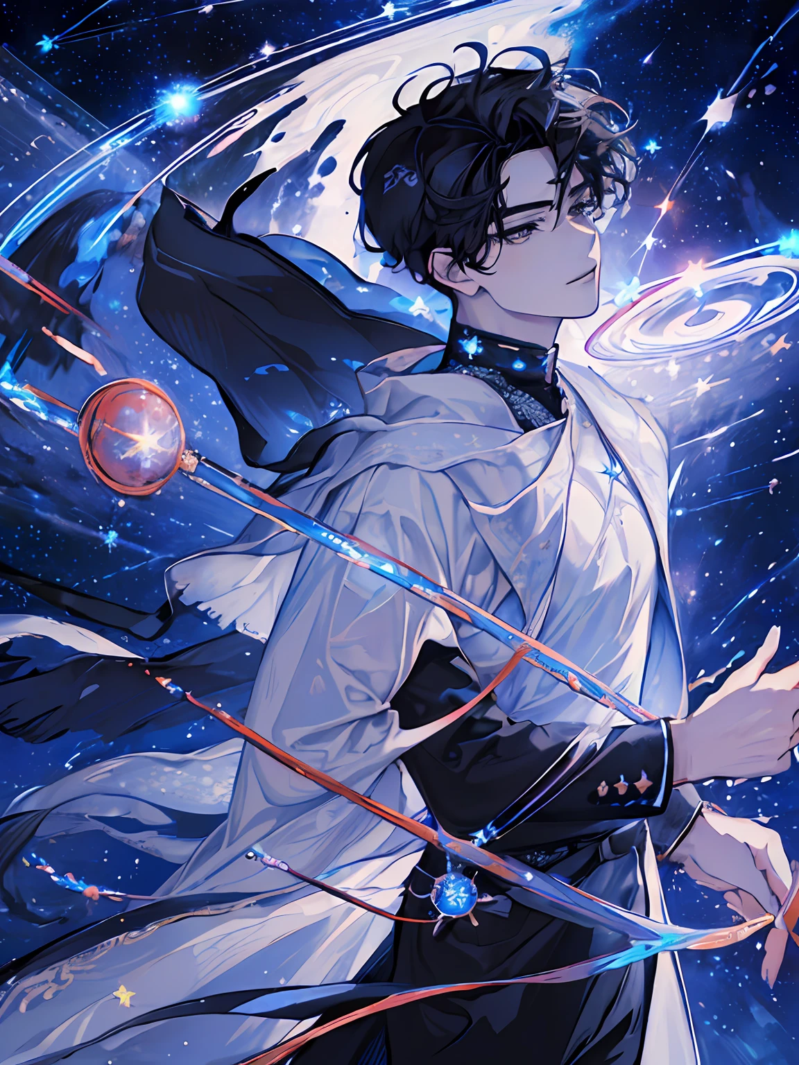 (highres:1.5), highly detailed, (solo:1.5),(masterpiece:1.5),(best quality:1.5), Amazing, extremely detailed wallpaper, an extremely delicate and beautiful, 1 boy, handsome, ((high resolution illustration)), Chinese, sacred, {master}, (short hair, floating hair), (black hair, dark hair), (game cg), (((Clear face))),((Clear eyes)), visible through hair,((black eyes, round eyes)), bangs, (watercolor:0.7), (bright stars, the universe, cosmos, star surround character, outer space, Saturn ring:1.5), tyndall effect, a slight light, raytracing,