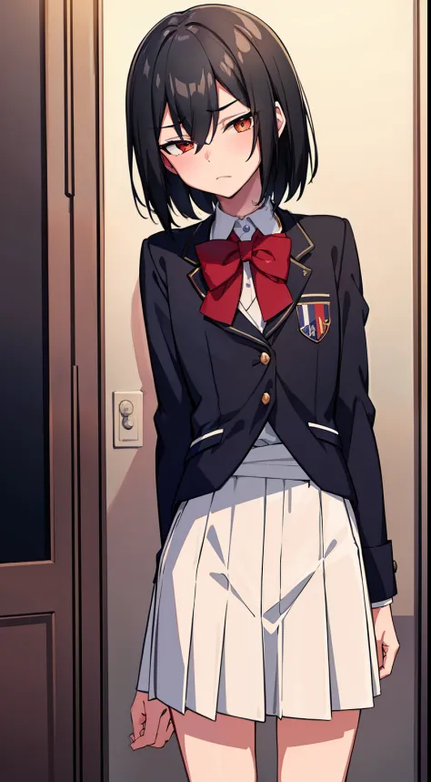 hiquality, tmasterpiece (one guy is a teenager,) high school uniform, plain, full length, indifferent face, black  hair, bangs c...