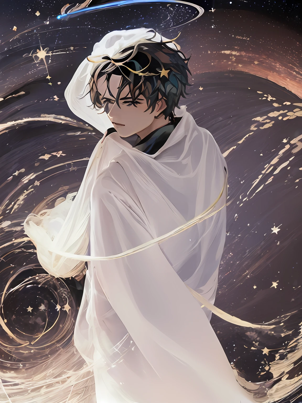 (highres:1.5), highly detailed, (solo:1.5),(masterpiece:1.5),(best quality:1.5), Amazing, extremely detailed wallpaper, an extremely delicate and beautiful, 1 boy, handsome, ((high resolution illustration)), sacred, {master}, (short hair), (black hair, dark hair),((Clear eyes)), visible through hair,((black eyes, round eyes)), bangs, (watercolor:0.7), (bright stars, the universe, cosmos, star surround character, outer space, Saturn ring:1.5), tyndall effect, a slight light, raytracing,