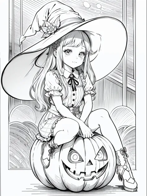 Cute girl wearing a witch hat sitting on a pumpkin, anime style, for a coloring page for children
