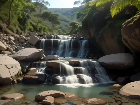 uma cachoeira, stone wall, agua cristalina.