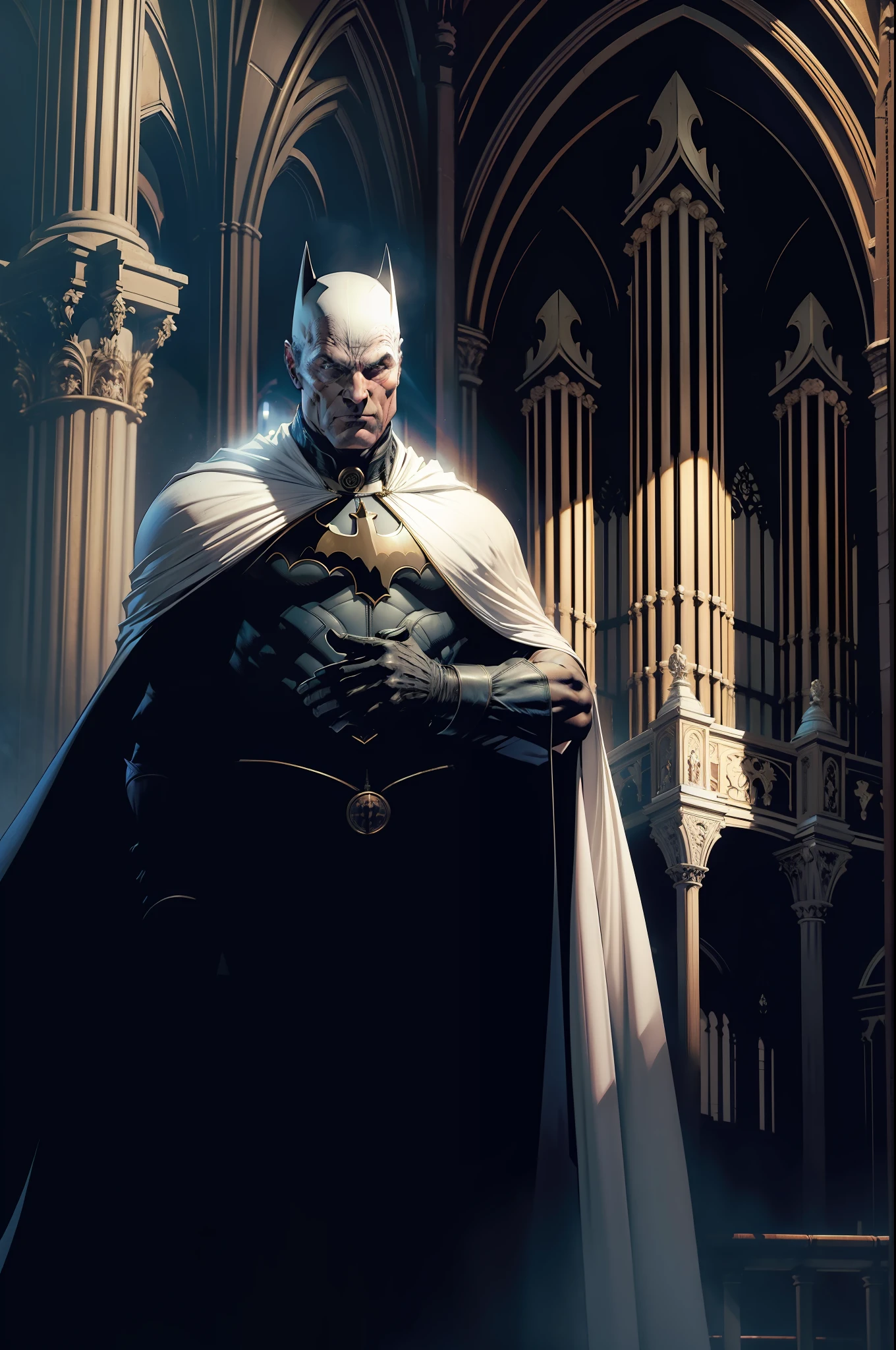 Pipe organ of the Cathedral of Porto inside the Gotham City Theatre, A man in a white mask that covers half his face with gala clothes and black cape is playing pipe organ, Estilo DC Comics e Estilo Jim Lee.