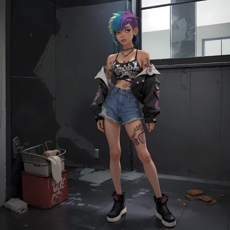 1girl, in bathroom, punk style, rainbow hair, mullet-cut, full body,