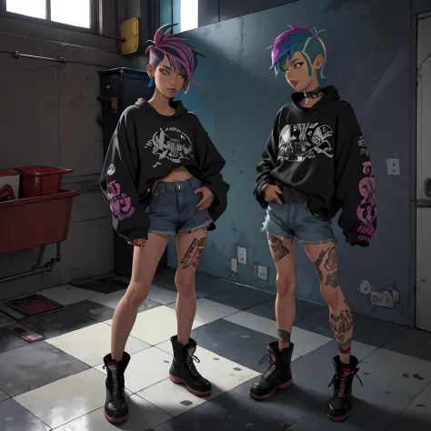 1girl, in bathroom, punk style, rainbow hair, mullet-cut, full body,