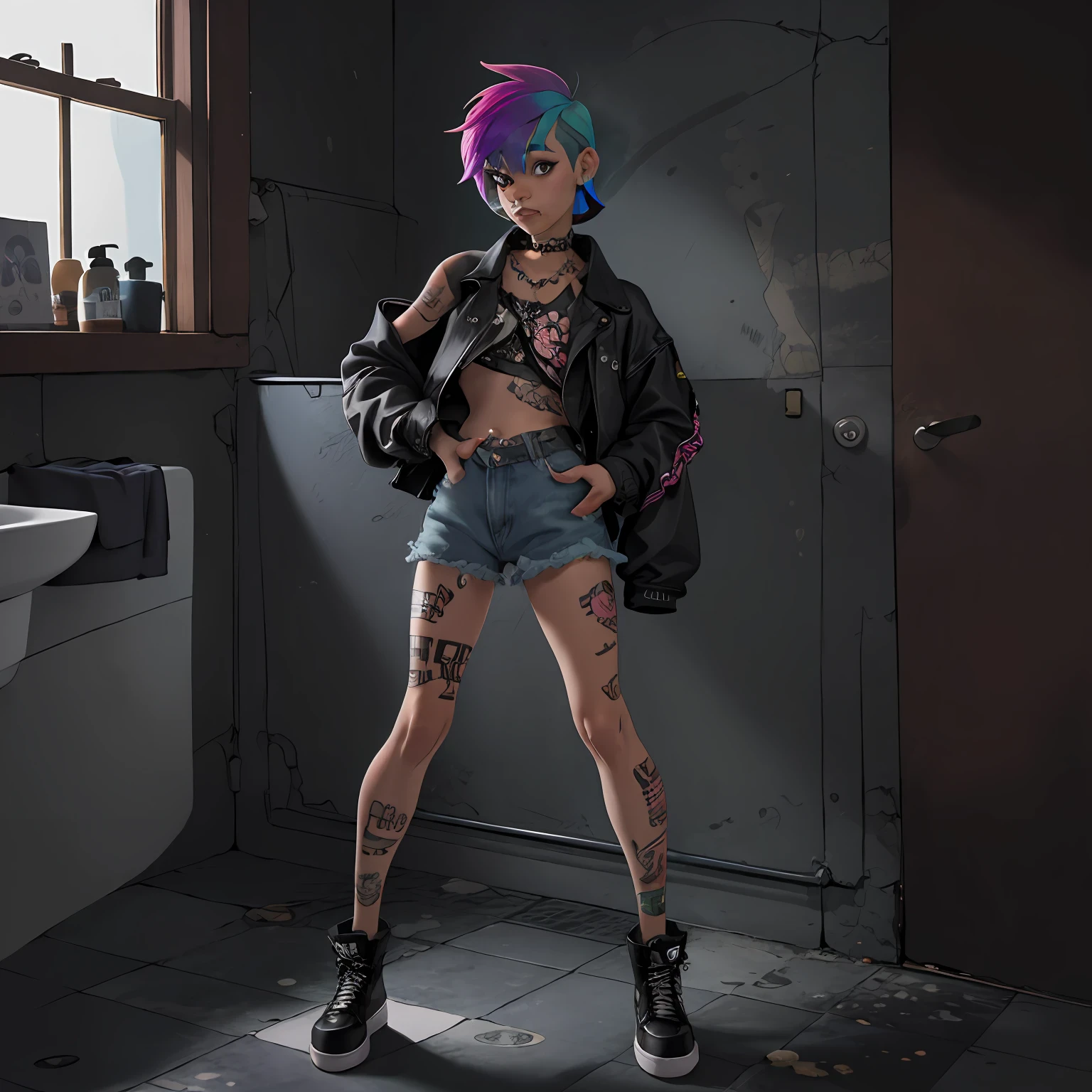 1girl, in bathroom, punk style, rainbow hair, mullet-cut, full body,