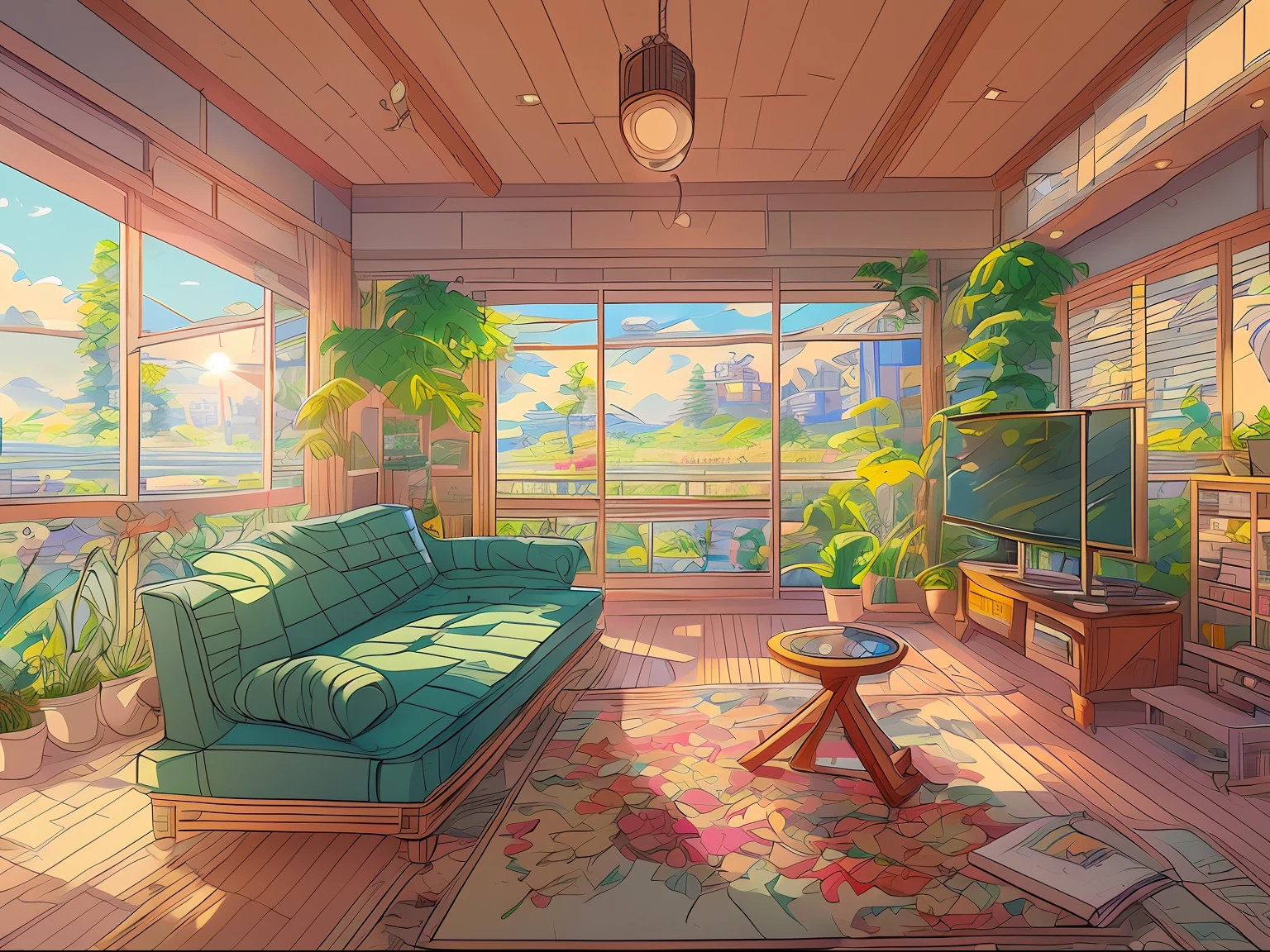 masterpiece, hestyle inside view of living room at morning, anime style