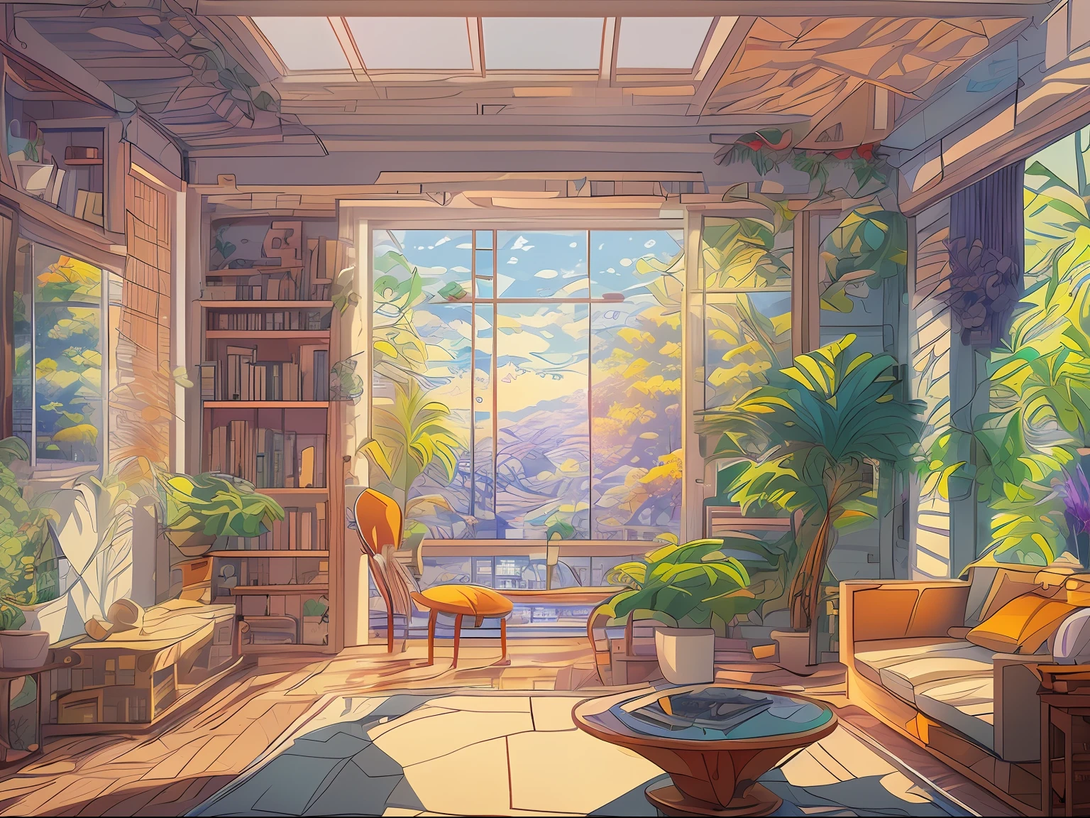 obra de arte, hestyle vista interna da sala de estar de manhã, estilo anime