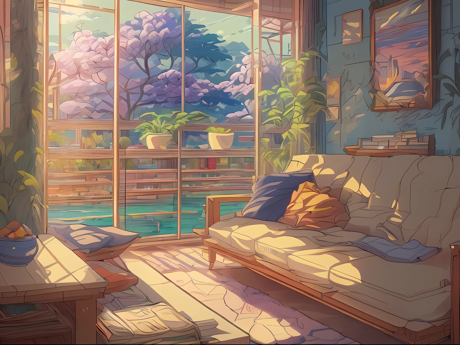 masterpiece, hestyle inside view of living room at morning, anime style