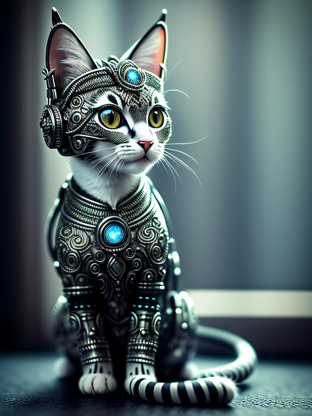 Una linda princesa gatita hecha de metal, (cíborg:1.1), ([cola | decolaed wire]:1.3), (intricate decolas), HDR, (intricate decolas, hyperdecolaed:1.2), toma cinematográfica, viñeta,