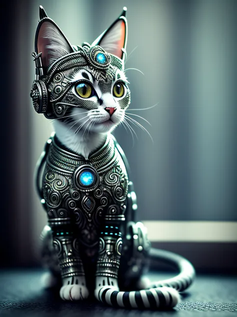 a cute kitten princess made out of metal, (cyborg:1.1), ([tail | detailed wire]:1.3), (intricate details), hdr, (intricate details, hyperdetailed:1.2), cinematic shot, vignette,