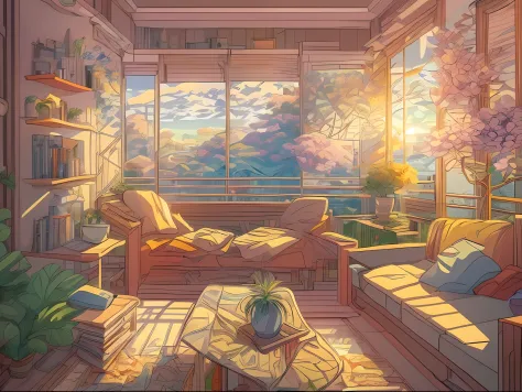 masterpiece, hestyle inside view of living room at morning, anime style