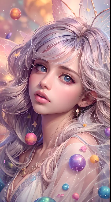 ((masterpiece)). this artwork is dreamy and ethereal, with soft pink watercolor hues. generate a delicate fairy exploring a bubb...