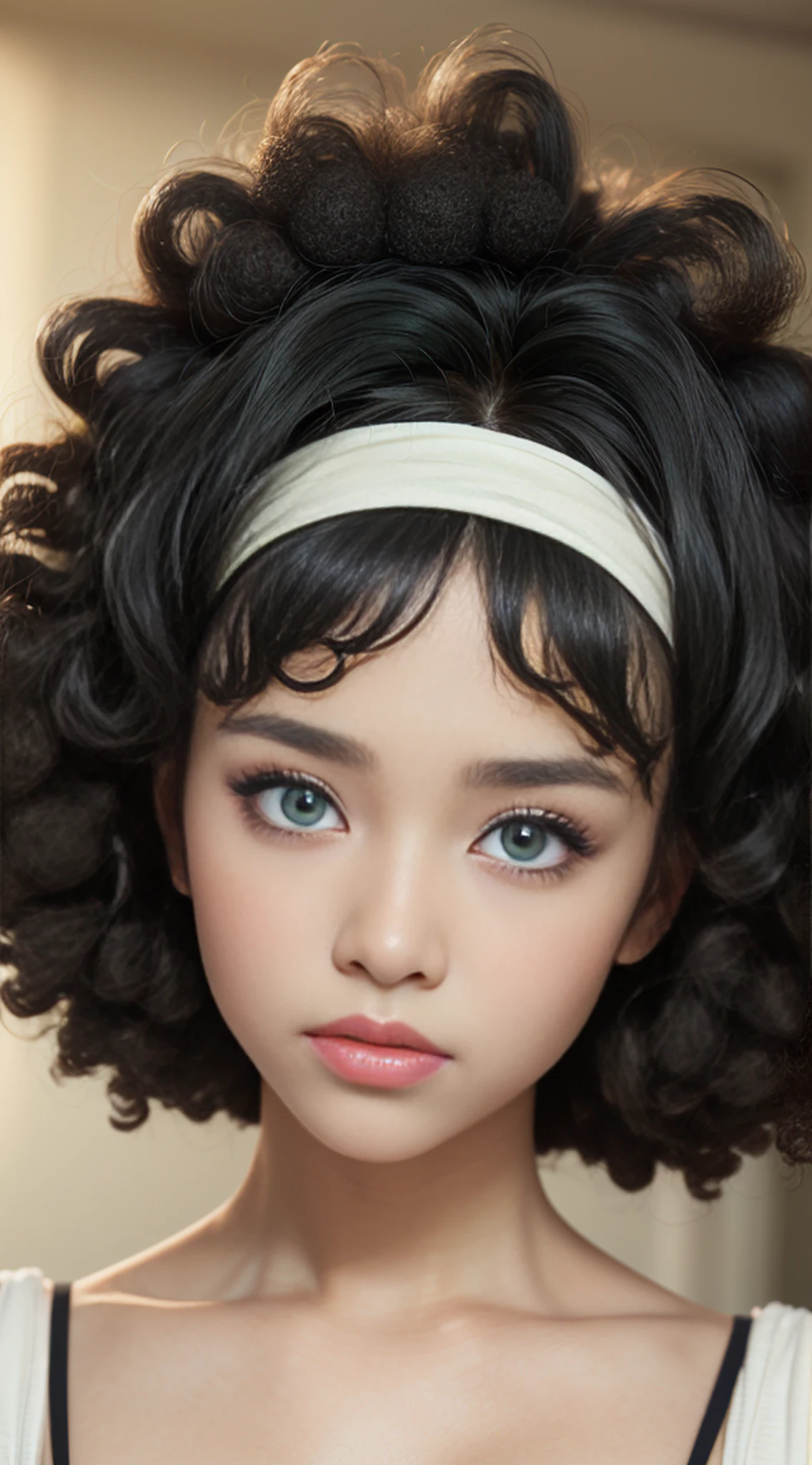 Girl Highly Detailed Face and Skin Texture, ((white skin)) big green eyes, slim face, juicy lips, bimbo lips, big puffy breast, ((afro curly Black hair)), pale skin, Detailed Eyes, Double Eyelids,