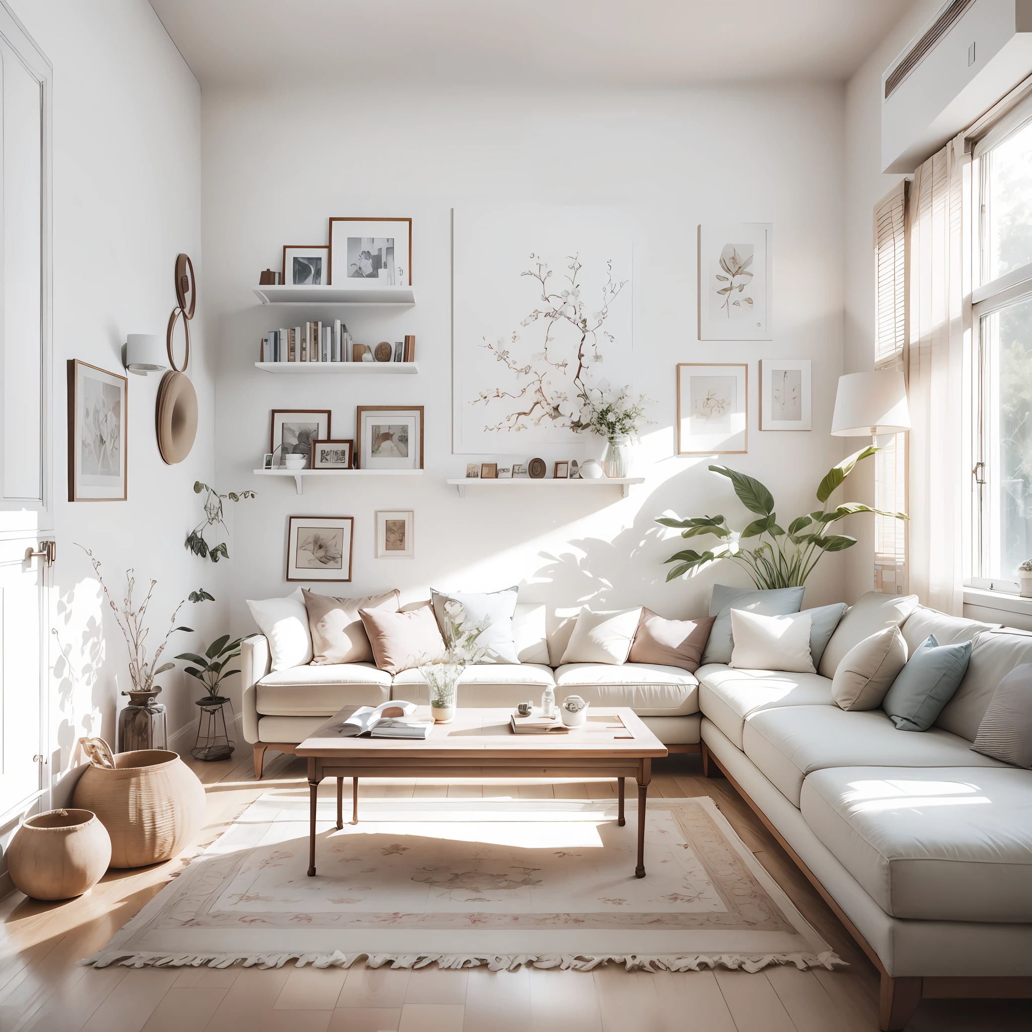 Sala de estar com design de interiores moderno, parede branca, estante de livros, fotos de família na parede, iluminação natural