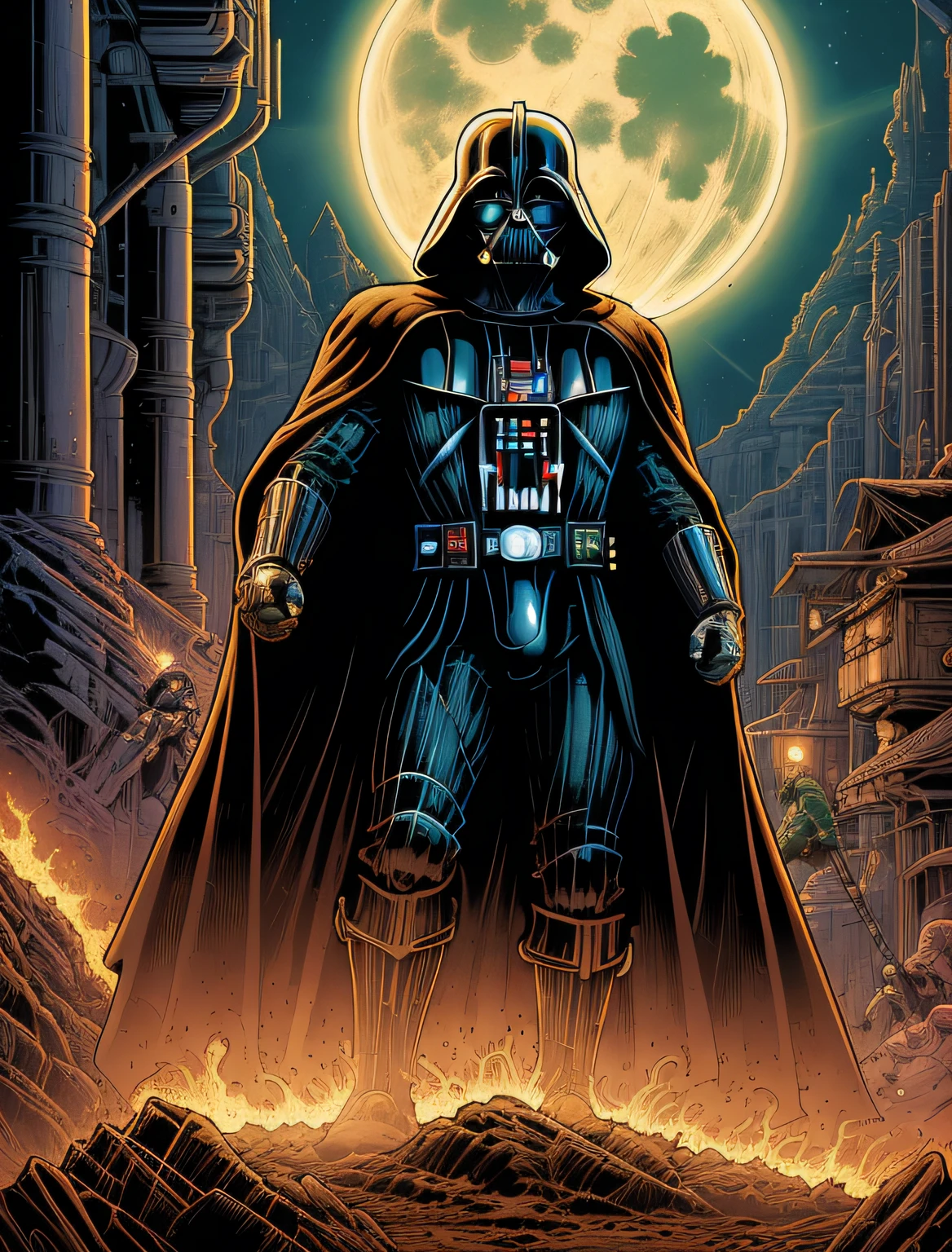 Cinematographic art by (dan mumford:1.3) estilo,(close up:1.1) Como Darth Vader gosta de seu brinde? No lado escuro., anatomia e postura requintadas, 8k uhd, (nsfw:1.2), no canto mestre yoda com seu sabre de luz verde