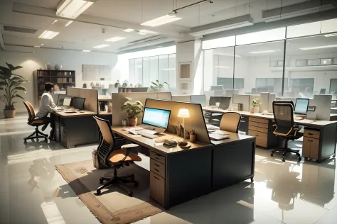 GDMINT Luxury Modern interior design of an open-floor office with modern furniture A people waking up at their desks, various details in orange color