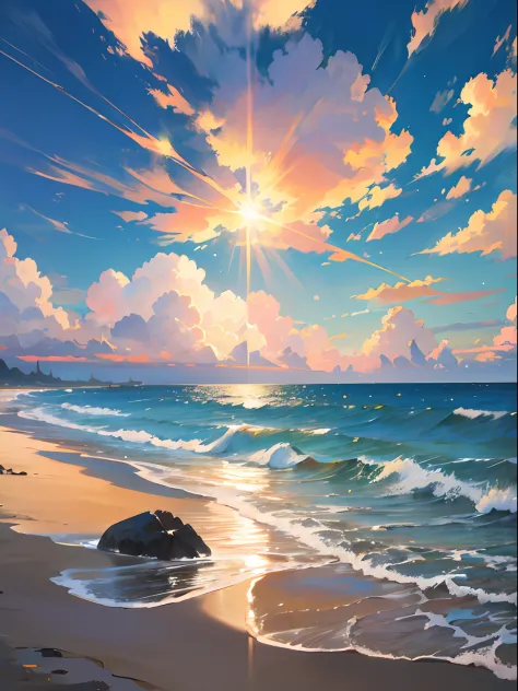 on the beach by the sea，the golden sun shines on the delicate and white sand，the waves gently lapping against the rocks，bring ou...