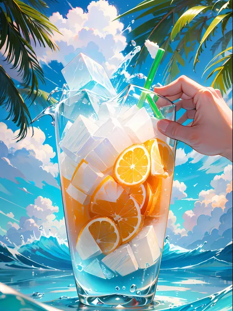 (Chinese beauty) A soft drink made of coconut juice, ice cubes, and coconut juice. Milky white turns white. Very cool. There are colored straws and ice cubes, placed on green leaves, outdoors, a clear blue sky, beautiful clouds