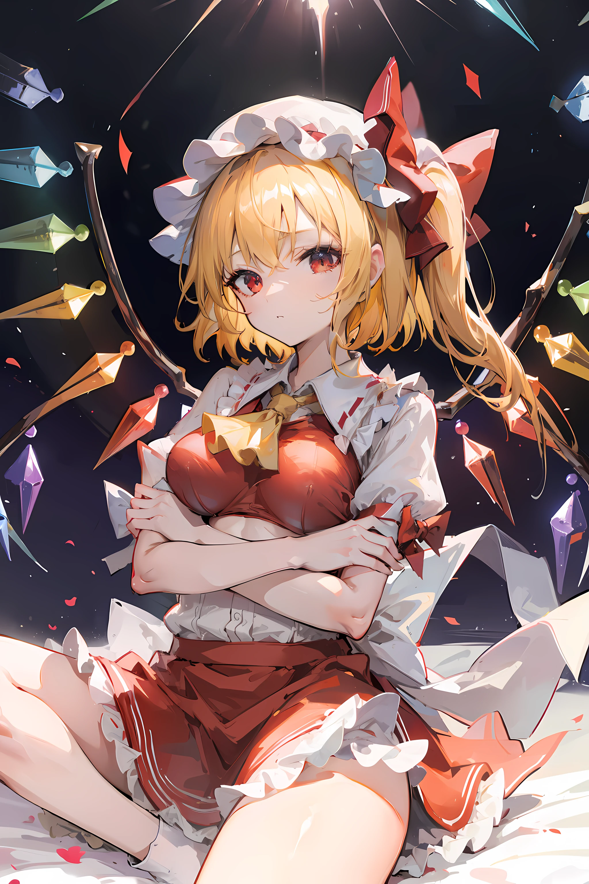 (masterpiece),best quality, expressive eyes, perfect face, 1girl,
big breast, H-cup, good breast, beautiful, gorgeous,anime,girl,lora, floating clothes, tent chest ,
 nipple visible  though clothes,flandre scarlet,
1girl,blonde hair,mob cap,hair bow,bowtie,side ponytail,wings,short sleeves,vest,ascot,1wings,1 pair of wings,crossing arms, cross arms, arms below chest