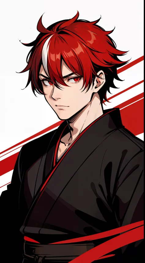 guy with short red hairs, wearing a  black kimono, shining red eyes, strong