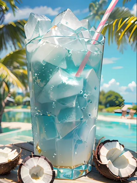 (Chinese beauty) A soft drink made of coconut juice, ice cubes, and coconut juice. Milky white turns white. Very cool. There are colored straws and ice cubes, placed on green leaves, outdoors, a clear blue sky, beautiful clouds
