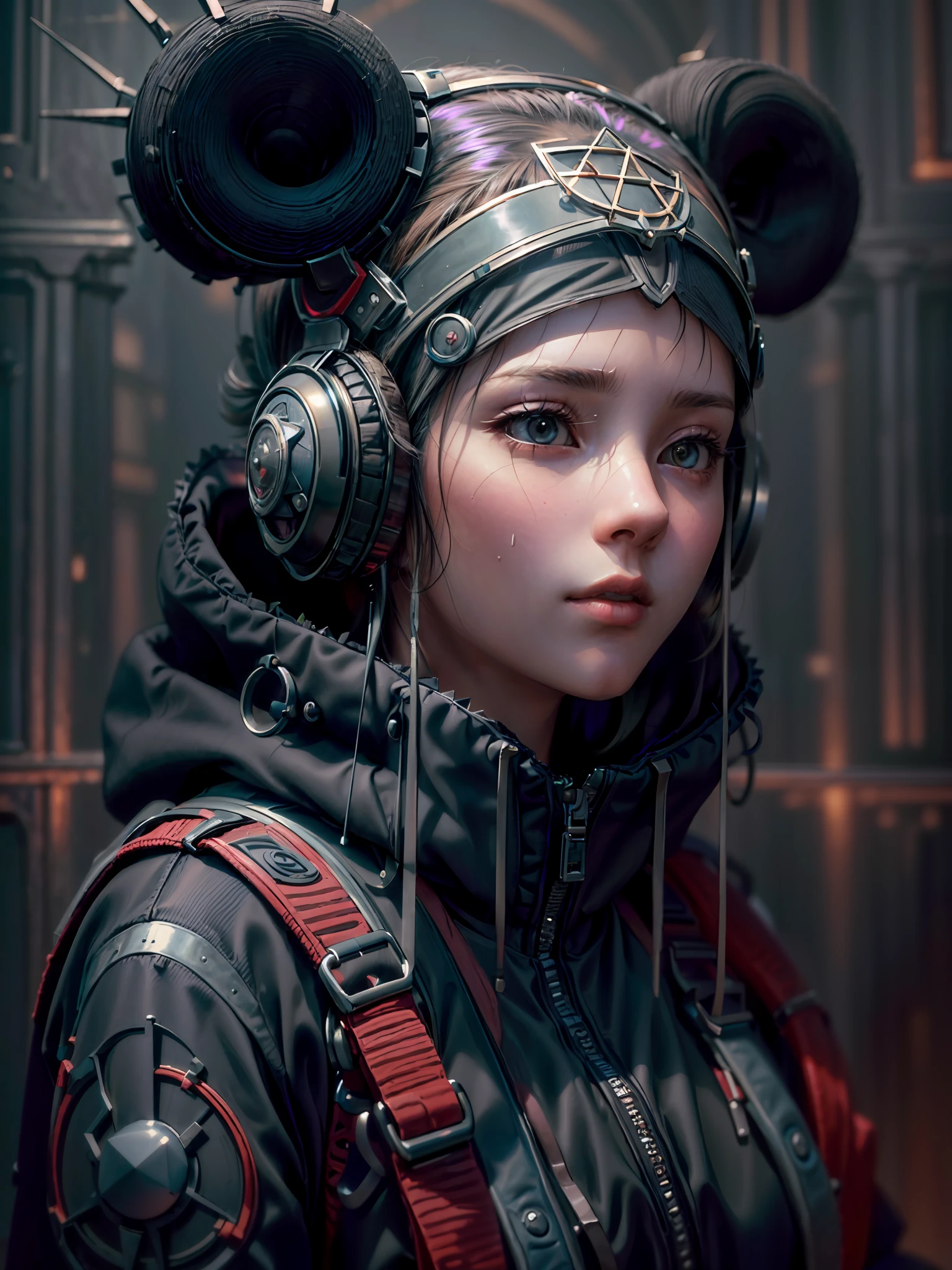 ((((adorable,captivating,enchanting,female)))),(top buns),((wearing hood,wearing leggings,wearing miniskirt,wearing backpack)),((wearing boots,wearing gloves,wearing blades)), (((fuzzy-logic, psychenautics, mysticism, urban-gothic, psychonaut, sci-fi, hi-fi, abstracted, quasi-organic, sacred geometrics, biomechanics, alchemical, isometrics))), (((most beautiful images in existence))), (masterpiece), (masterwork), ((top quality)), ((best quality)), ((highest quality)), ((high fidelity)), ((highest resolution)), ((highres)), ((hyper-detailed)), (((detail enhancement))), ((deeply detailed)), unity 8k, unreal 8k, octane render, awe inspiring, breathtaking, hdr, uhd, hdr, fhd, meticulous, intricate, intimate, nuanced, award winning, (((most beautiful artwork))), photon mapping, ray tracing, film grain, depth of field