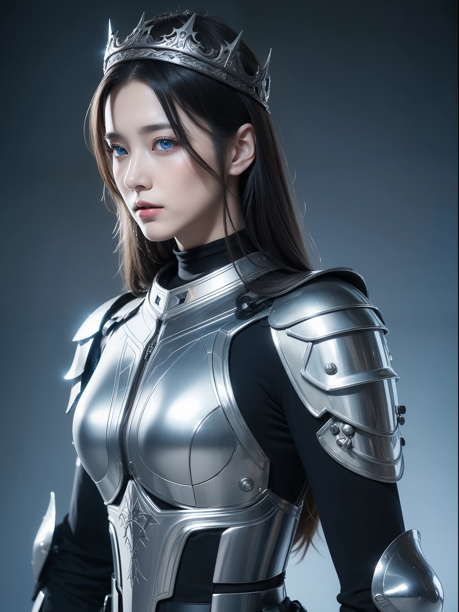 Masterpiece, Best quality, high resolution, 8K, Portrait, Realistic photo,（ Combine clothing with Korean fashion design），Digital photography, full bodyesbian, 1 16-year-old girl, (Cyborg), Beautiful blue-gray gradient long hair, Blue eyes, Intricate, elegant, Highly detailed, The crown of evil, Black dress, ,Silver metal exoskeleton armor, Intricate knightly hollow armor,power armour, Openwork design, mechanical structure, Photo pose, Solemn,, Red lips, From the movie《Final Fantasy XV》.Metallic texture, oc rendered，Reflective texture, ((Clothing cutting)), ((Set against the backdrop of the castle and the giant Moster))