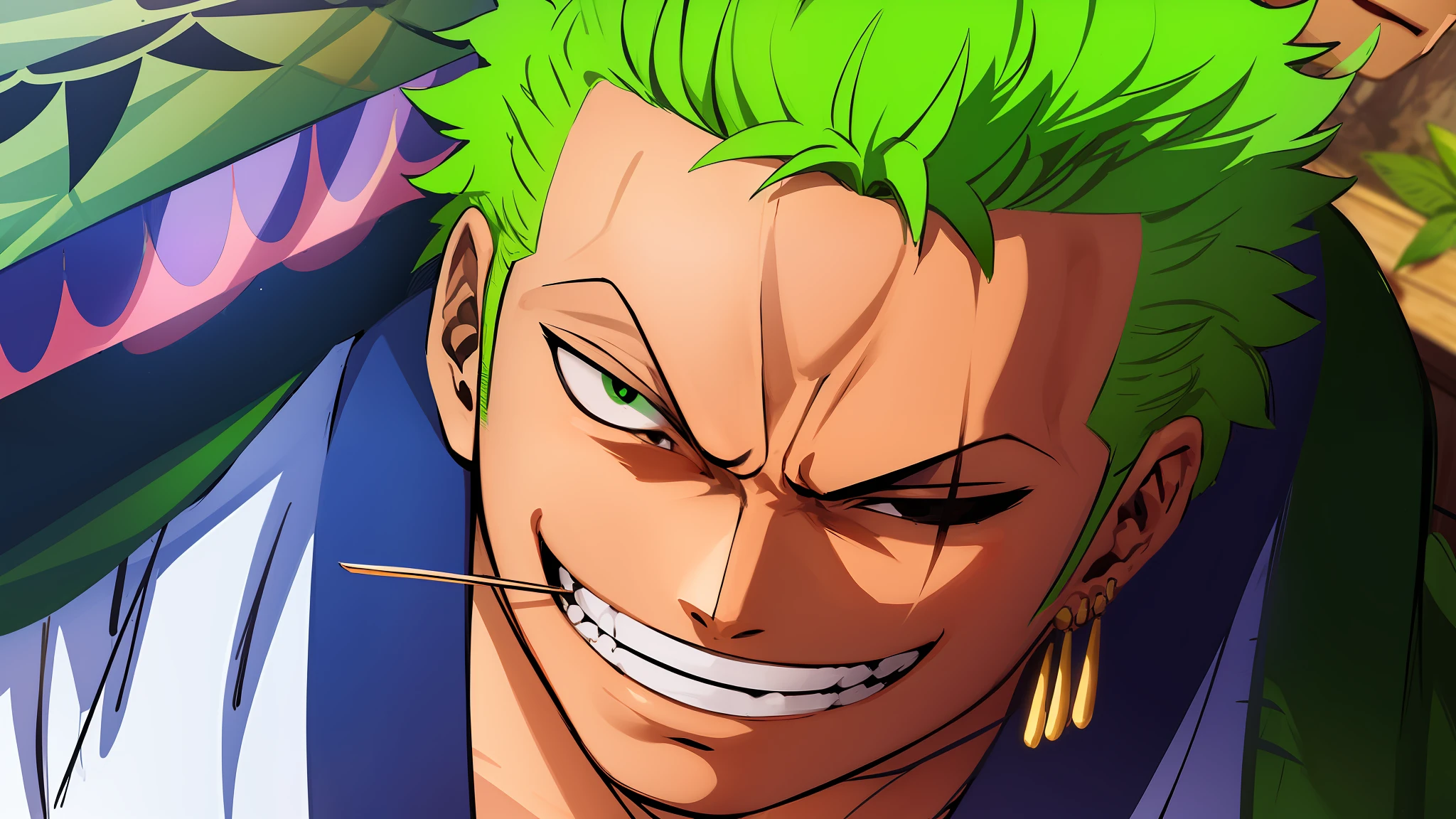 (parte maestra, mejor calidad:1.2), personaje de anime con cabello verde, roronoa zoro, una pieza artstyle, from una pieza, arte HD, una pieza, papel de parede hd, obra maestra del anime, Estilo One Piece, Mejor diseño de personajes de anime, Rey de los piratas, Arte Oficial, arte de fan, papel de parede!, cabeza verde, sorriso pícaro, 8K, Obra-prima, mejor calidad, (8K:1.1),