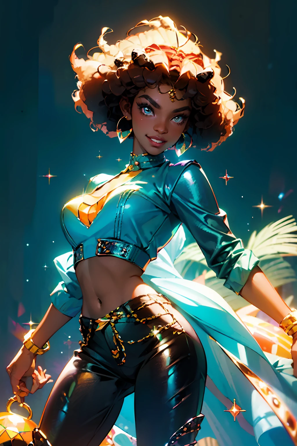 1 young female ,  smile, dark skin tone, afro hair,   stud in flared pants and  sparkly jacket    shirt   orange and cyan tone, 1970s,   huge ear ring, Bell-bottoms, flares,   Disco Mirror Ball,
disco dancing pool
 rich colors ,hyper realistic ,lifelike texture, dramatic lighting ,