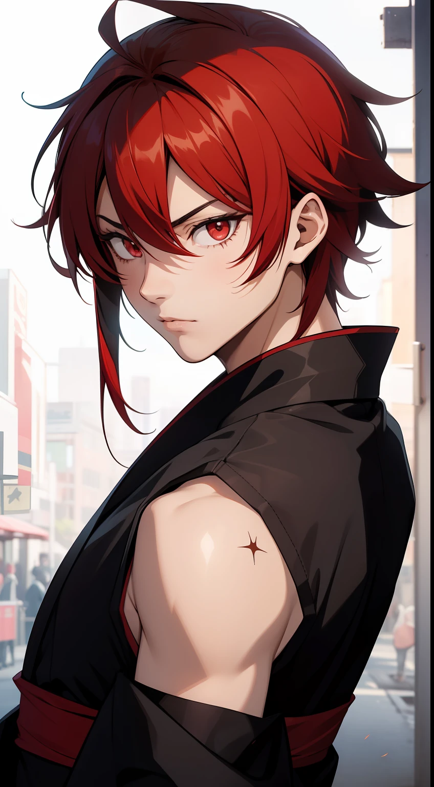 A close up of a person with red hair and a black shirt - SeaArt AI