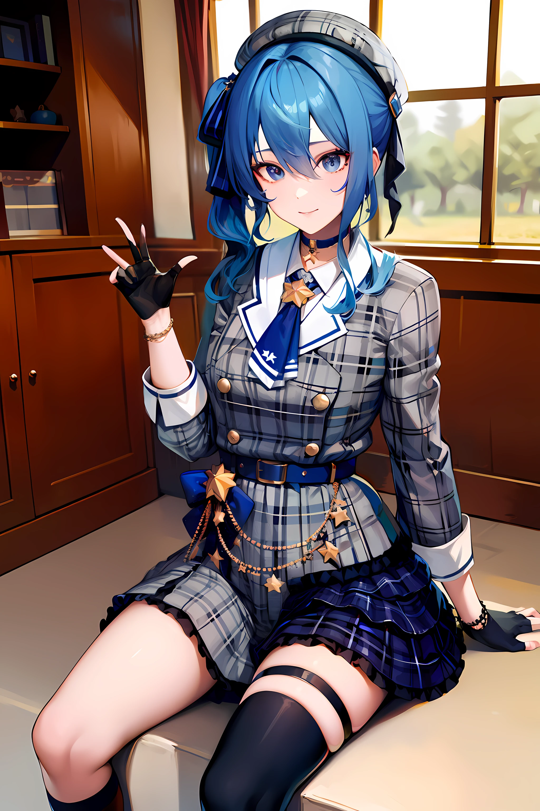 hoshimachisuisei, Suiseihoma, Blue eyes, Blue hair, Choker, hair between eye, Medium Hair, Side Ponytail, star choker, Blake Ascot, Asymmetrical legwear, Belt bag, beret, Black Gloves, Blue Ascot, Blue belt, blue bow, Blue choker, Bow, buttoning, Choker, Collared shirt, diadems, gloves, Gray hat, Grey jacket, grey skirt, hat, Jacket, Jewelry, knee high, Long sleeves, miniskirt, mismatched legwear, partially fingerless gloves, Pendants, Plaid, Plaid jacket, plaid skirts, Shirt, single kneehigh, single sock, Skirt, skirt set, sox, star choker, star print, Thigh strap, Uneven legwear, White shirt, BREAK looking at viewer, Break indoors, crass room, BREAK (masutepiece:1.2), Best Quality, High resolution, Unity 8k Wallpaper, (Illustration:0.8), (Beautiful detailed eyes:1.6), extra detailed face, A smile、Perfect Lighting, extremely details CG, (Perfect hands, Perfect Anatomy), Negative Prompt