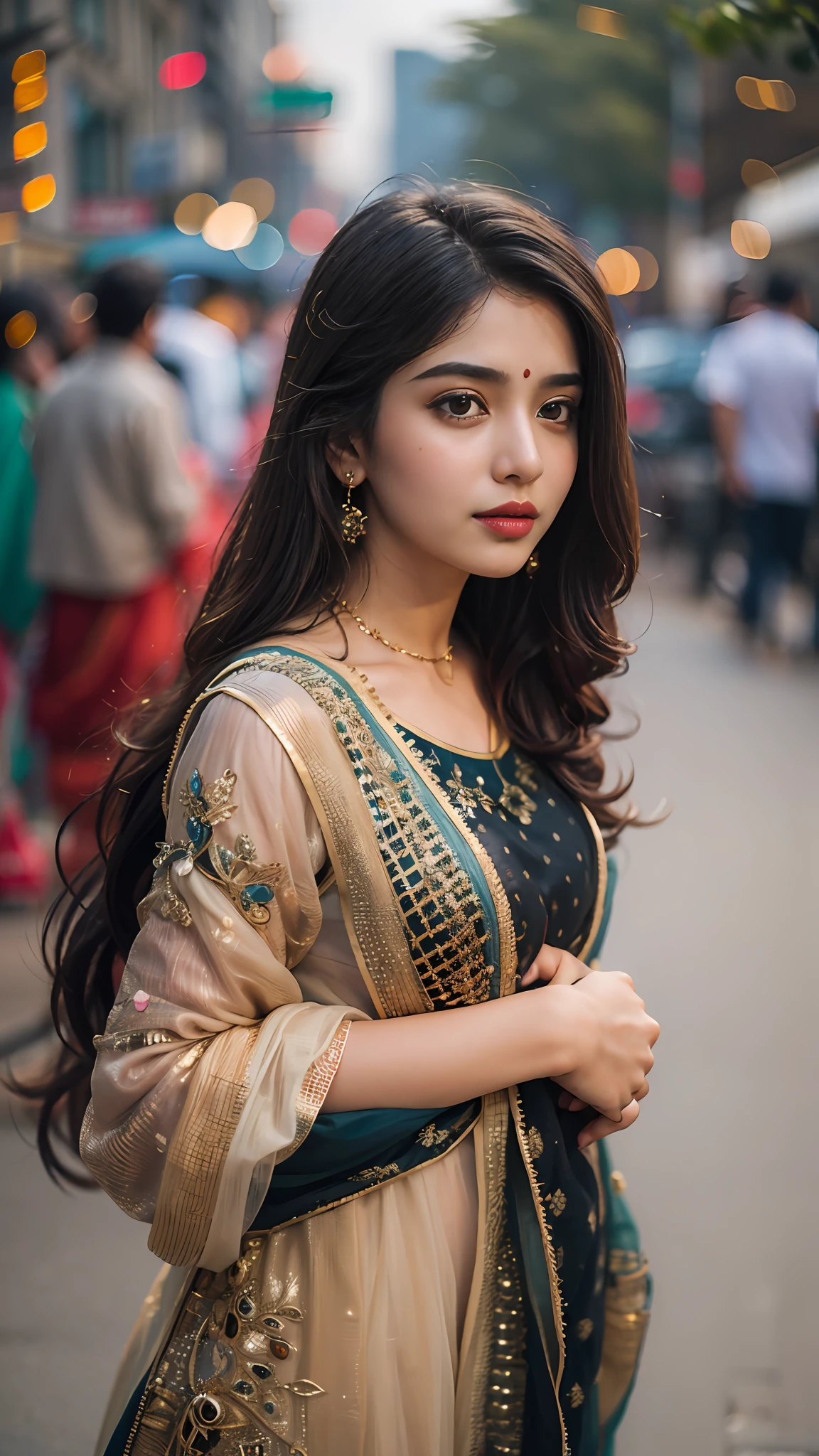 (((garota desi))), cara gordinha, pele natural, vestindo top quente com decote profundo e dupatta, cabelo preto encantador, ((as pontas do cabelo são loiras)), fundo das ruas da cidade, Bokeh