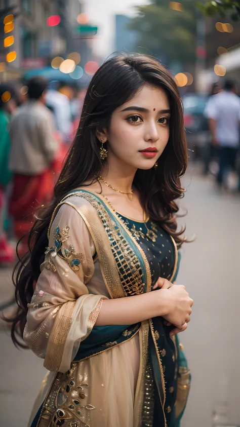 (((desi girl))), chubby face, natural skin, wearing hot deep neck top and dupatta, charming black hair, ((hair ends are blonde)), city streets background, bokeh